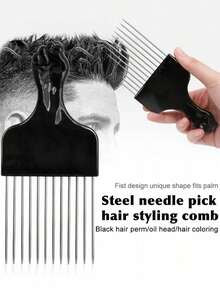 长款黑色金属拳头形非洲式梳子，黑色发梳，适合卷曲浓密头发，男女通用沙龙造型工具，情人节、感恩节的绝佳礼物