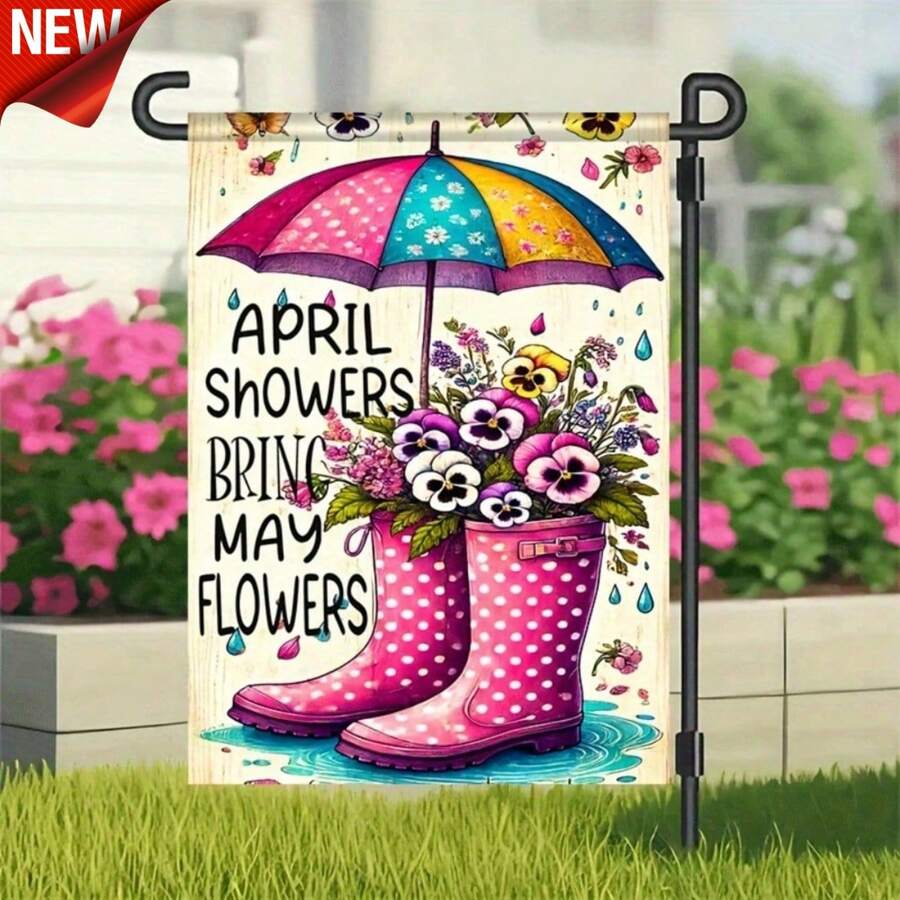 12x18 Inch April Showers Bring May Flowers Garden Flag - Double-Sided Outdoor Decor With Umbrella & Rain Boot Design, Durable Polyester, Vibrant Floral/Raindrop Patterns For Lawn, Porch, Yard, Playful Seasonal Home Accent, Quality Craftsmanship, Essential Garden Decorations, Flagpole Not Included - Nhiều màu - Xem 1
