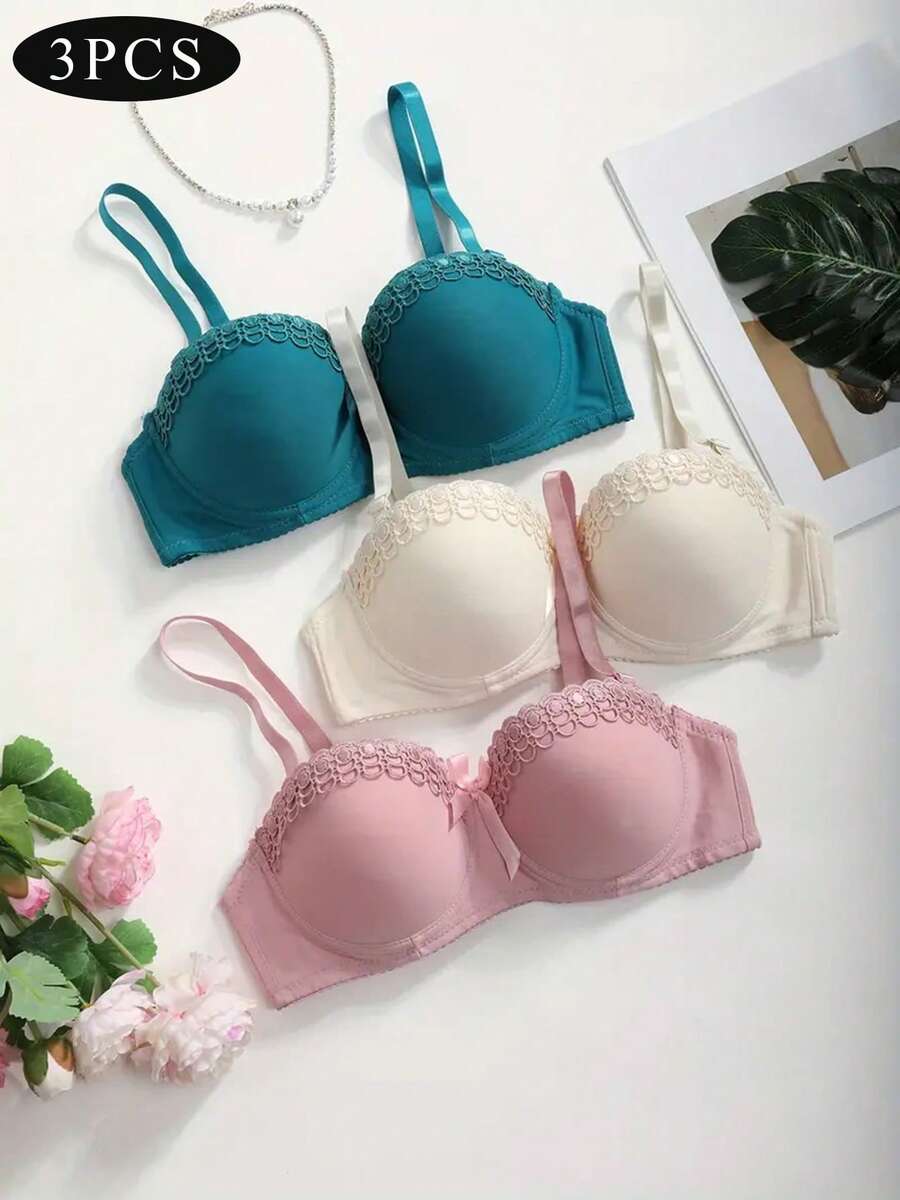 3pcs/Set Simple Design Women Underwire Lingerie Bras With Lace Trim - Non-Slip Adjustable Straps & Non-Removable Padded Cups For Everyday & Special Occasions, Sexy Lace French Romantic Lingerie Brassiere - 彩色 - 查看 1