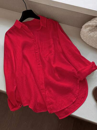 Women's Casual Solid Color Front Button Curved Hem Shirt Spring