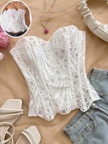European And American Young Vacation Sexy Avant-Garde Off-The-Shoulder Lace Double-Layer Fitted Corset Bustier Top, INS White Hollow Embroidered Shapewear, Ate Night Outfits Women Tops For Going Out, Wedding Guest Dress Women Fall Women Clothes,Sexy Top - trắng - Xem 7