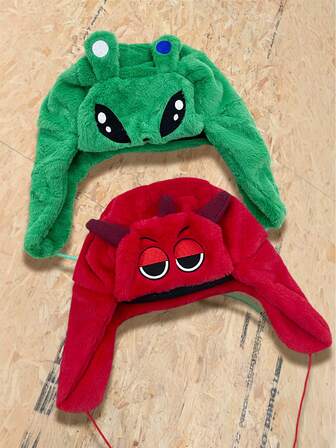 2pcs Warm Windproof Alien Cartoon Embroidered Trapper Hat With Ear Flaps, Outdoor Autumn/Winter