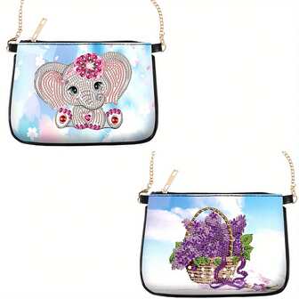 2 Piezas Kit de Arte de Diamantes Combinación de Bolso con Cadena, Pintura de Diamantes 5D DIY de Elefante y Cesta de Flores, Patrón Especial de Forma de Diamante Artificial Mosaico Parcial Artesanía, Set de Bolso con Cadena de Pintura de Diamantes