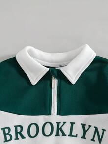 2pcs/Set Toddler Boys' Casual Colorblock Letter Print Zip-Up Raglan Sleeve Top And Pants Set, Fleece Hoodie Sweatsuit For Autumn/Winter - Green - View 3