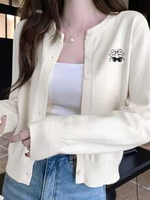 Casual Crew Neck Long Sleeve Cherry Embroidery Cardigan Sweater For Women, Soft & Gentle Personalized, Short Style, Suitable For Commuting, Autumn/Winter