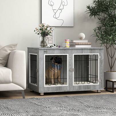PawHut Dog Crate Furniture, Dog Crate End Table W/ Soft Cushion, Double Door