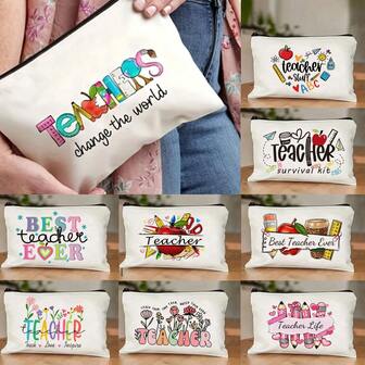 1/5/10pcs Teacher Appreciation Canvas Zipper Pouch - Versatile Travel Organizer Bag, Cosmetic Bag, Pencil Case, Stationery Storage, Gift Bag ,Portable Teacher Gift