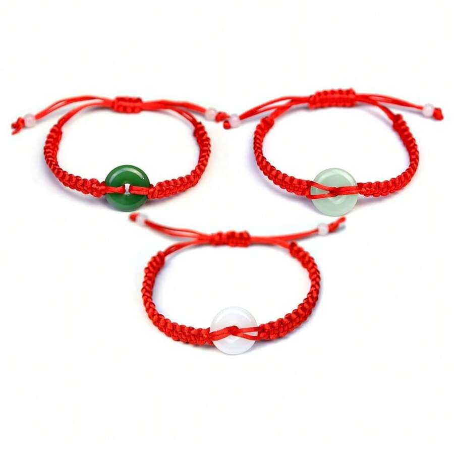 FORUBUS Green Jade Buddha Circle Red String Pendant Necklace - Chinese Traditional Amulet For Luck And Protection,E3pcsbracelets - E3件手鍊 - 查看 1