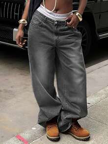 Women's Vacation Style Y2K Washed Distressed Wide Leg Jeans Casual Spring - Grey - View 2