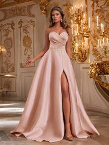 VIPGIRL 优雅缎面无肩带A字连衣裙，高开衩设计，亮片装饰，晚礼服，正式礼服，女士正式舞会礼服 - 棕色 - 查看 6