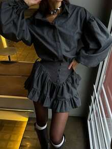 女士落肩长袖纽扣衬衫搭配荷叶边纯色半身裙优雅两件套 春季 - 灰色 - 查看 5