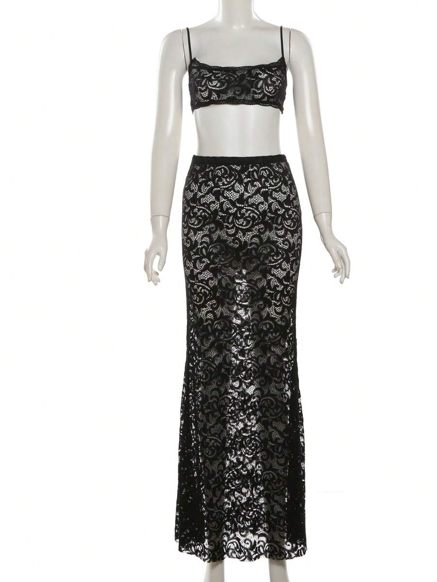 Summer Hollow Camisole Short Top Solid Color High Waist Skirt Lace Set - Black - View 1