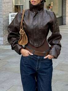 New Slim Fit Casual High Collar Solid Color Zipper Short PU Leather Motorcycle Jacket, Women's Fashion 2026 Street Style Outerwear, Essential For New Year, Spring, Valentine's Day - Coffee Brown - View 4