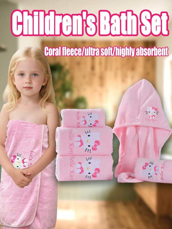 Sanrio 1pc Sanrio Cute Cartoon Character Hello Kitty Coral Fleece Soft Absorbent Quick-Dry Non-Shedding Hand Towel & Bath Towel, Bathroom Essentials, Face Towel Size 34*75cm, Bath Towel Size 70*140cm