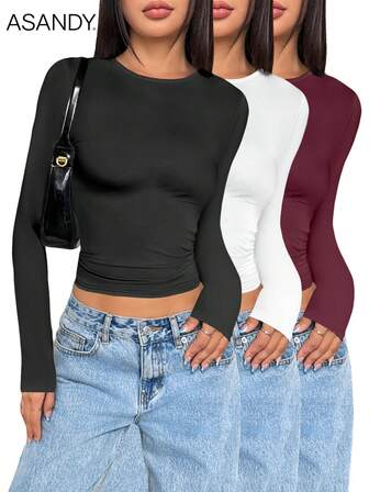 3 Piece Set Women Minimalist Fashion Long Sleeve Undershirt, Autumn/Winter