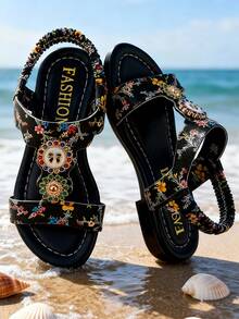 2024 Summer New Fashion Glamorous Girls' Sandals With Red Beads & Rhinestones Metal Buckle, Black Soft Bottom Open Toe Sandals, Party Outfit Essential, Viral Hot Selling Children's Sandals, Soft Bottom Comfortable Non-Abrasive Girls' Preferred Sandals - 黑色 - 查看 1