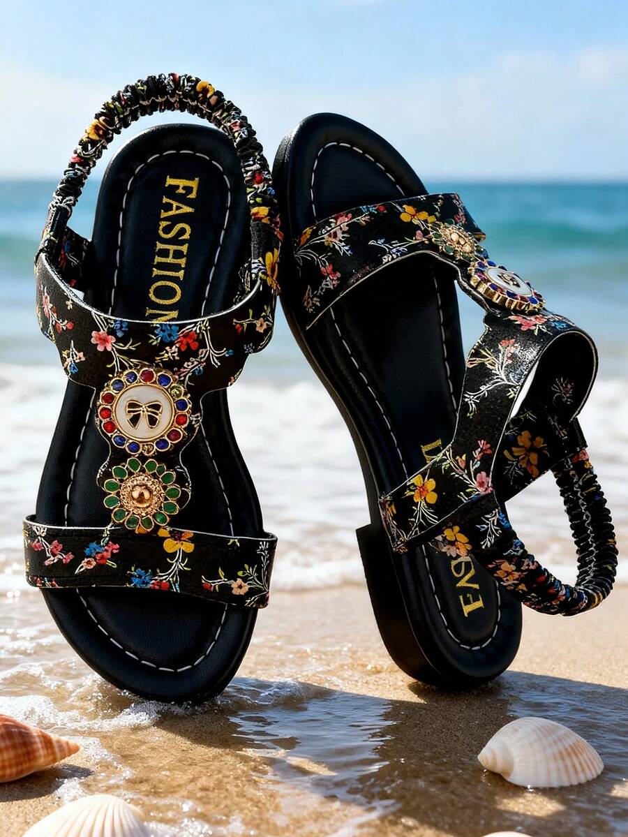 2024 Summer New Fashion Glamorous Girls' Sandals With Red Beads & Rhinestones Metal Buckle, Black Soft Bottom Open Toe Sandals, Party Outfit Essential, Viral Hot Selling Children's Sandals, Soft Bottom Comfortable Non-Abrasive Girls' Preferred Sandals - 黑色 - 查看 1