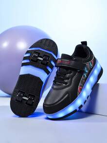 新款儿童LED轮滑鞋，四轮可充电伸缩轮，发光皮革设计，可爱撞色魔术贴运动鞋，四季皆宜，男女童LED闪光轮滑鞋