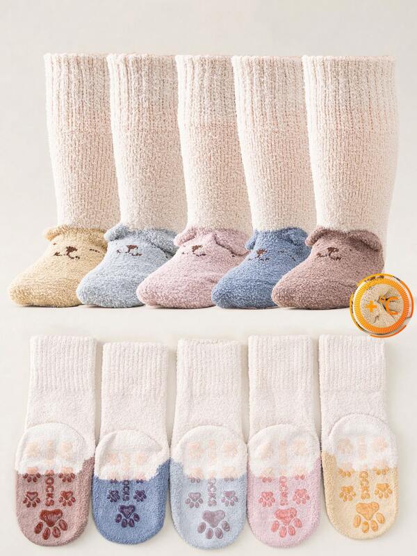 Random 3 Pairs Of Children's Socks Winter Cute Plus Fleece Warm Coral Fleece Thick Bear Socks Two Ears Spot Glue Non-Slip Toddler Floor Socks