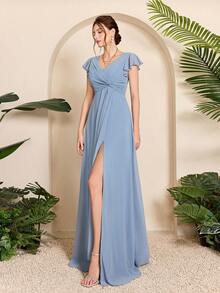 Mgiacy-Pop,New Arrival,V Neck,Elegant,Bridesmaid Dress,Ruffle,Flounce,Kink,Chiffon,Long Dress,FOR,Wedding Guest - Blue - View 4