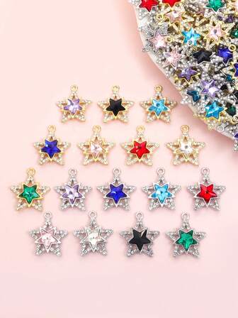 10pcs 8-Colors Sparkling Rhinestones Inlay Hollow Out Pentagram Charms - Delicate Geometric Double Star Pendants For DIY Charming Clavicle Necklace Earrings Bracelet Brooch And More Chain Ornaments - Advanced Temperament Accessory For Formal Occasions, Banquets & Parties