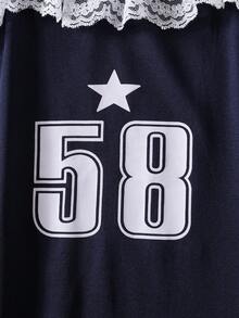 少女休闲时尚数字印花蕾丝边长袖连衣裙，春秋季 - 藏蓝色 - 查看 4