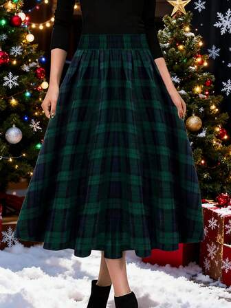 Keke Bloomly Christmas Winter New Year Versatile Commuting Everyday Party Elegant Green Check Pattern Midi Skirt, Stylish And Elegant Skirt, The Skirt Features A Green And Black Check Pattern, With A Large A-Line Skirt Design. The Style Is Both Retro And Design-Oriented. Classic Check Pattern Elements, Retro-Style, Collegiate-Style Midi Skirt, Full-Skirted Design That Enhances The Silhouette.
