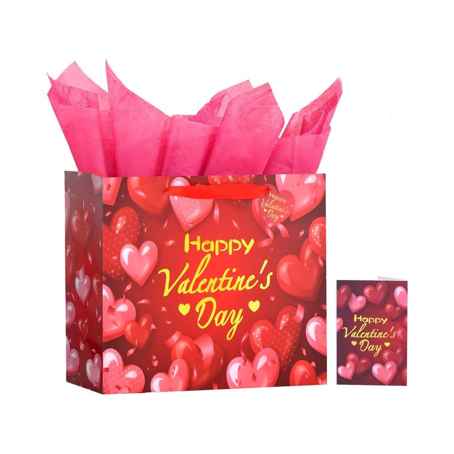 13英寸大号情人节礼品袋，内含贺卡、2张粉色薄纸、情人节快乐纸质礼品袋，适合送给她/他/女朋友/男朋友/妻子/丈夫/女士/男士 - 紅色 - 查看 1