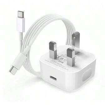 20W Fast Charger Set: UK Plug 20W Fast Charging Adapter + 3.3ft/100cm Fast Charging Data Cable, Compatible With IPhone 17 Pro Max/17 Pro/17 Plus 17/16/15, S25/S24/S23/S22/S21/S20, Series Phone Charger High Output Power