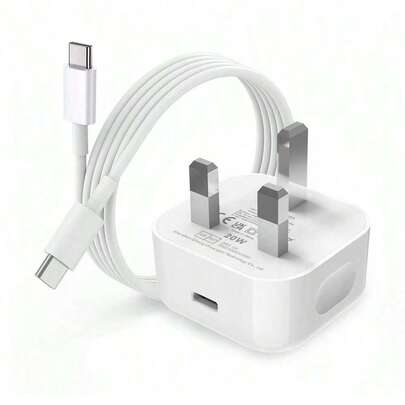 20W 快速充电器套装：英国插头 20W 快速充电适配器 + 3.3 英尺/100 厘米快速充电数据线，兼容 17 Pro Max/17 Pro/17 Plus 17/16/15、S25/S24/S23/S22/S21/S20 系列手机充电器高输出功率