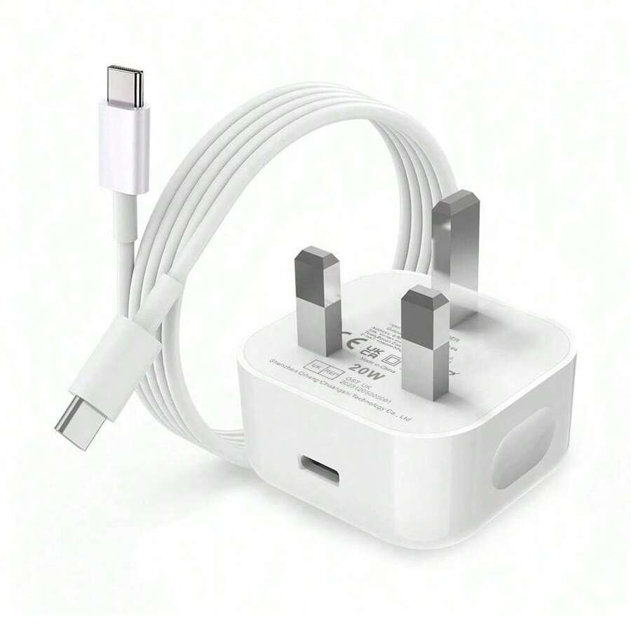 20W 快速充电器套装：英国插头 20W 快速充电适配器 + 3.3 英尺/100 厘米快速充电数据线，兼容 17 Pro Max/17 Pro/17 Plus 17/16/15、S25/S24/S23/S22/S21/S20 系列手机充电器高输出功率 - 白色 - 查看 1