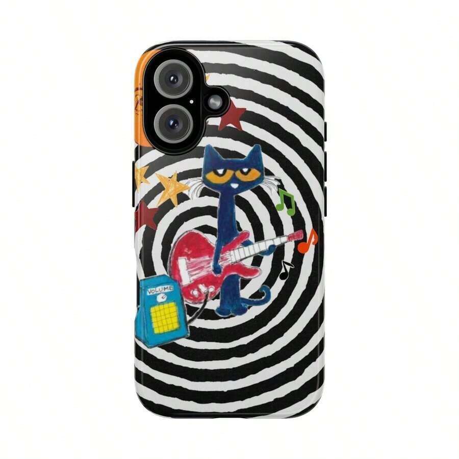Colorful Retro Cat With Guitar Tough Phone Case, Petee Cat Phonecover – Funky Disco Art Design, Protective Cover - 1pc - View 1