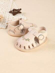 0-1 Year Old Infant Girls' Soft Bottom Prewalker Shoes, 5-7 Months Newborn Embroidered Breathable Sandals - Apricot - View 5