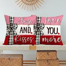 4pcs Valentine's Day Pillow Covers, "Love You More" Heart Striped Bow Print, Minimalist & Cute Peach Velvet Single-Sided Printed Cushion Covers With Zipper Closure, No Pillow Insert Included, Romantic Valentine's Day & Wedding Decor, Suitable For Sofa, Bed, Chair, Bedroom, Living Room, Patio Decoration - Pink - View 5
