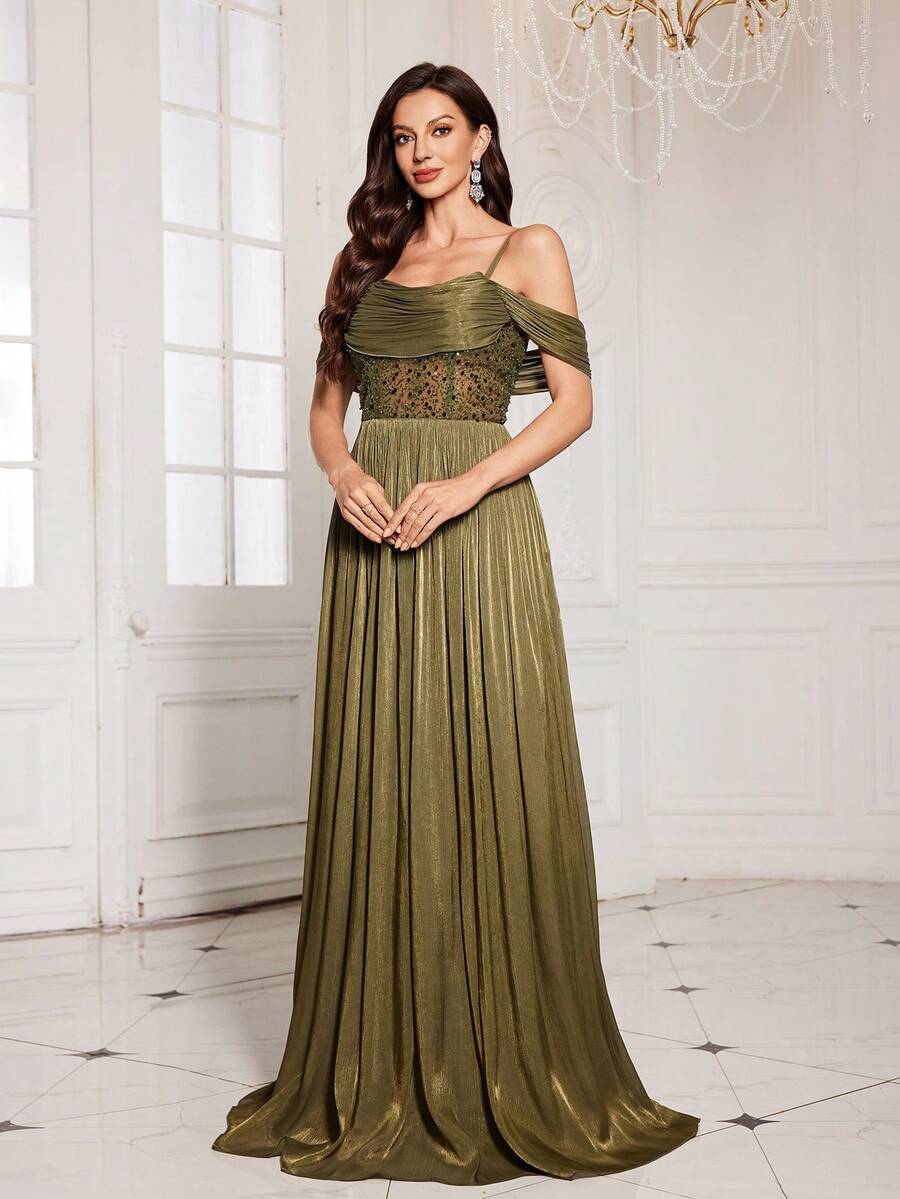 UNITHORSE 女士无袖亮片拼接仿霓虹色长款晚礼服，完美适用于伴娘礼服、毕业礼服、婚礼宾客礼服、正式场合礼服 - 橄欖綠 - 查看 1