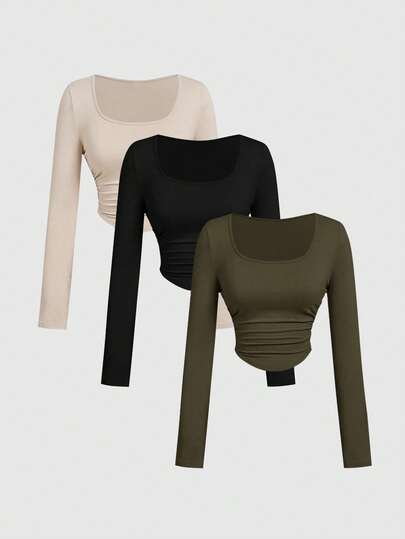 T-shirt à manches longues slim ajusté avec fronces, couleur unie, décontracté pour femmes, multicolore