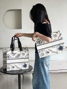 1/3/5个复古花卉图案无纺布手提袋，适用于服装店，大容量购物袋，女装礼品袋 - 彩色 - 查看 6