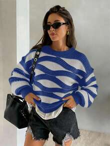 FOR BEAUTY 秋冬新款女士圆领波浪条纹撞色长袖针织衫，J Fashion 宽松舒适多巴胺色约会之夜灯笼袖套头针织休闲上衣，新年版 - 深藍 - 查看 3