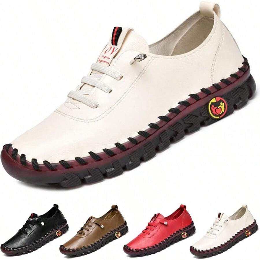 CrazySavage Women's Leather Soft Beef Tendon Flat Bottom Loafers Slip-On Round Toe Non-Slip Breathable Mom Leisure Walk ShoesChristmas - 白色 - 查看 1