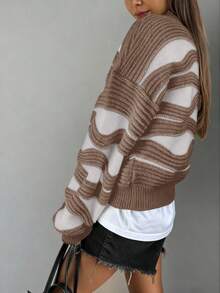 FOR BEAUTY 女士圆领波浪条纹撞色长袖针织衫，女士时尚宽松舒适多巴胺色约会之夜灯笼袖套头毛衣，女士针织衫，新年毛衣 - 深咖啡 - 查看 5