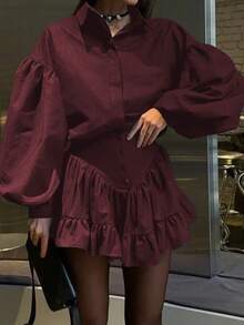 Women's Elegant Ruffle Hem Mini Skirt 2 Pieces Set, Solid Color, Elegant Spring - Burgundy - View 6