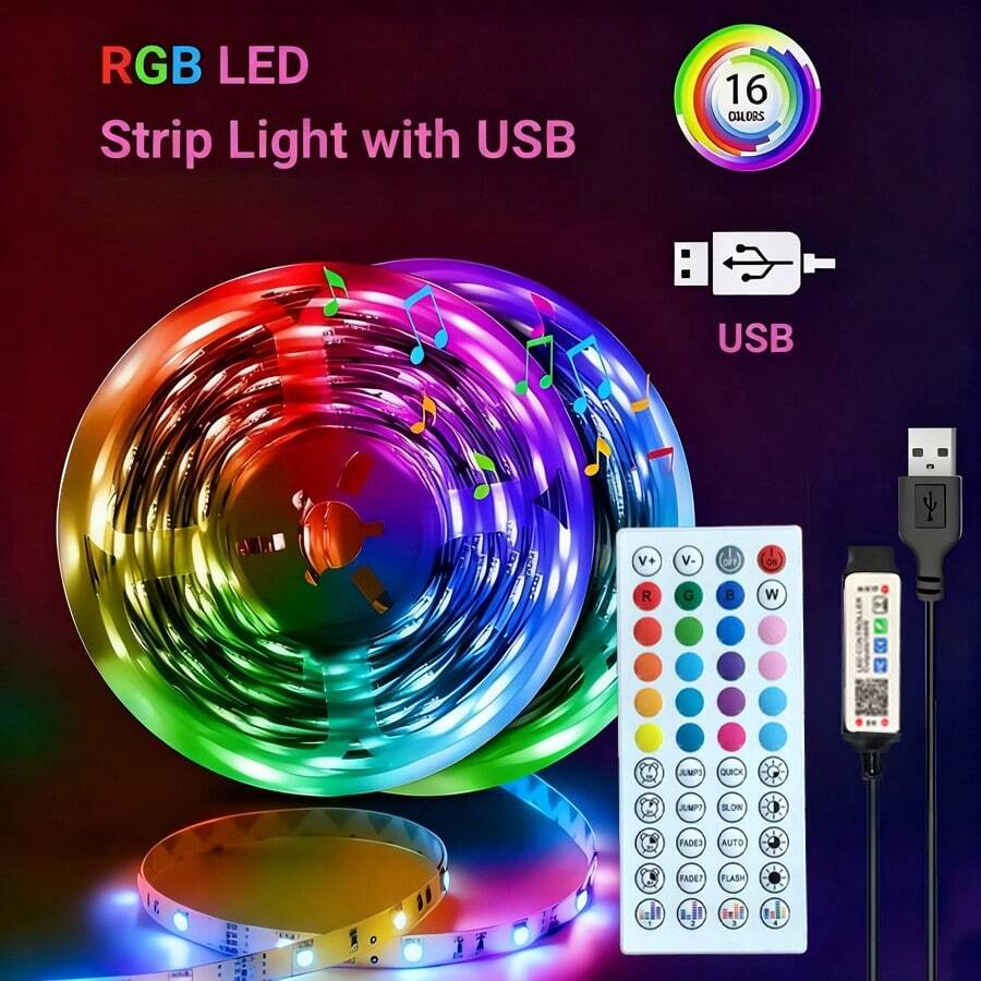 Tira de luz LED con control remoto - Alimentada por USB, luz de cambio de color, adecuada para dormitorio, sala de estar, juegos y decoración de fiestas - Cuenta con múltiples modos de cambio de color, función de control remoto, iluminación festiva, hermosa exhibición de luz, luz LED inteligente para dormitorio, tira de luz RGB con sincronización musical, equipada con control remoto de 44 teclas