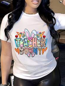 Women's Easter Teacher Bunny Pattern Short Sleeve T-Shirt - Casual Round Neck Printed Top, Machine Washable Four Seasons Comfortable Style, Durable Print Quality, Festive Outfit - 白色 - 查看 1