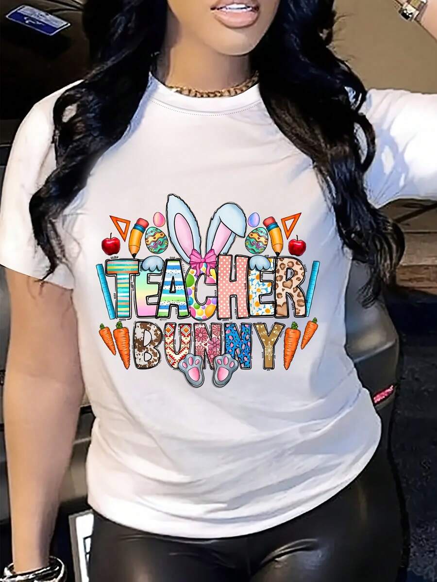 Women's Easter Teacher Bunny Pattern Short Sleeve T-Shirt - Casual Round Neck Printed Top, Machine Washable Four Seasons Comfortable Style, Durable Print Quality, Festive Outfit - 白色 - 查看 1