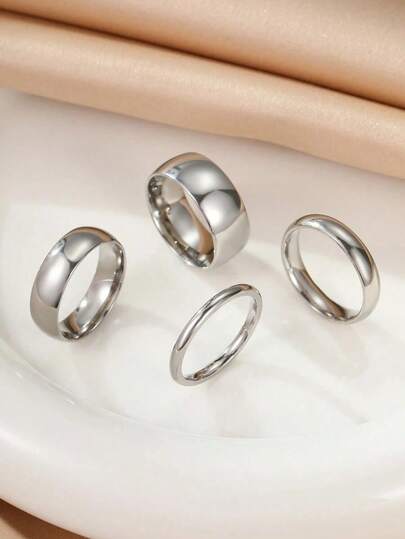 4pcs Stainless Steel Silver Fashionable And Simple Smooth Ring Set That Can Be Worn By Both Men And Women, Suitable For Neutral Daily Decoration Or Gift Giving