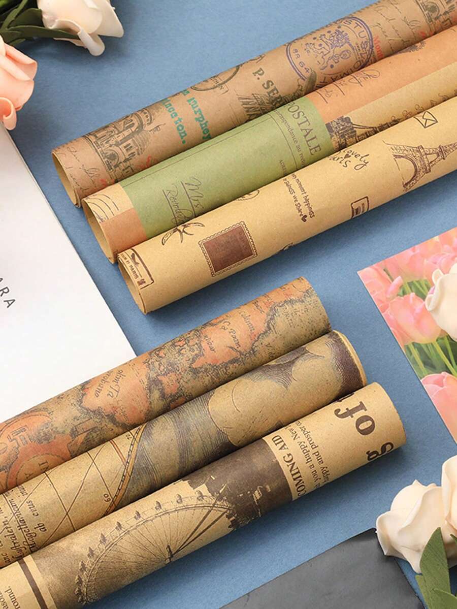6pcs Vintage Kraft Wrapping Paper Set- Perfect For Holiday Gifts & Party Decorations - Multicolor - View 1