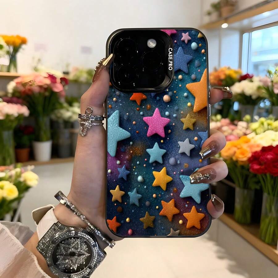 Cubierta de telefono con estrellas 3D multicolor azul oscuro con estrellas en relieve y detalles brillantes para iPhone estilo espacial elegante para uso diario y eventos especiales Aplicable a los teléfonos de la serie Apple y Galaxy - Negro - Ver 1