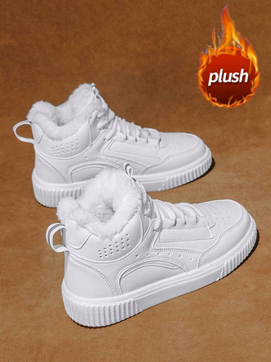 Women's Zip-Up Snow Boots, Latest 2025 Autumn/Winter High-Top Sneakers, Thermal Lined Thick Warm Fur Boots, Side Zipper Closure, & Fashionable Mid-Calf Boots, Flat Round Toe, Non-Slip & Waterproof Leather, Outdoor High-Top Sneakers, Cold-Resistant & Anti-Freeze, Suitable For Couples, Holiday Outings, Parties, Shoes - White - View 1