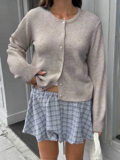 FOR BEAUTY Women's Spring/Autumn/Winter New Solid Color Round Neck Fitted Long Sleeve Knit Cardigan, Women's Daily Commute Casual Sweater, New Year & Valentine's Day