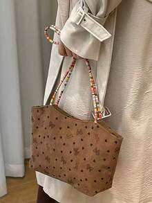 Korean Style Polka Dot Canvas Tote Bag, Large Capacity Foldable Commuter Bag For University Students, Shoulder Bag With Ruffle Skirt Tie Cloud Design